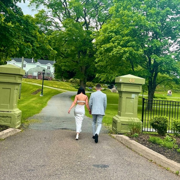 Hello Molly White Satin Midi Strapless Dress with Lace Detailing - Picture 3 of 12